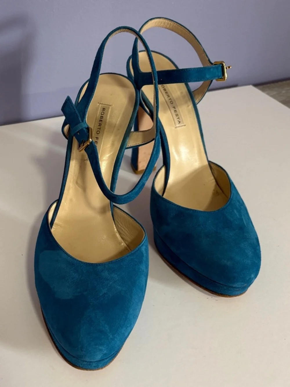 Roberto Festa Teal Suede Platform Mary Jane Heels